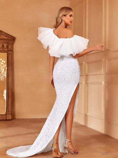 Exaggerated Ruffle Trim Asymmetrical Hem Sequin Dress