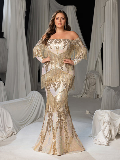 Plus Gorgeous Fringed Trim Off-Shoulder Mermaid Hem Sequin Formal Dress Evening Gown – view 3
