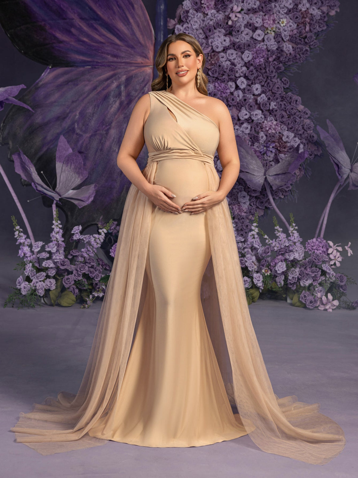 Contrast Mesh Plus-Size One-Shoulder Knit Mermaid Maternity Evening Dress in Champagne