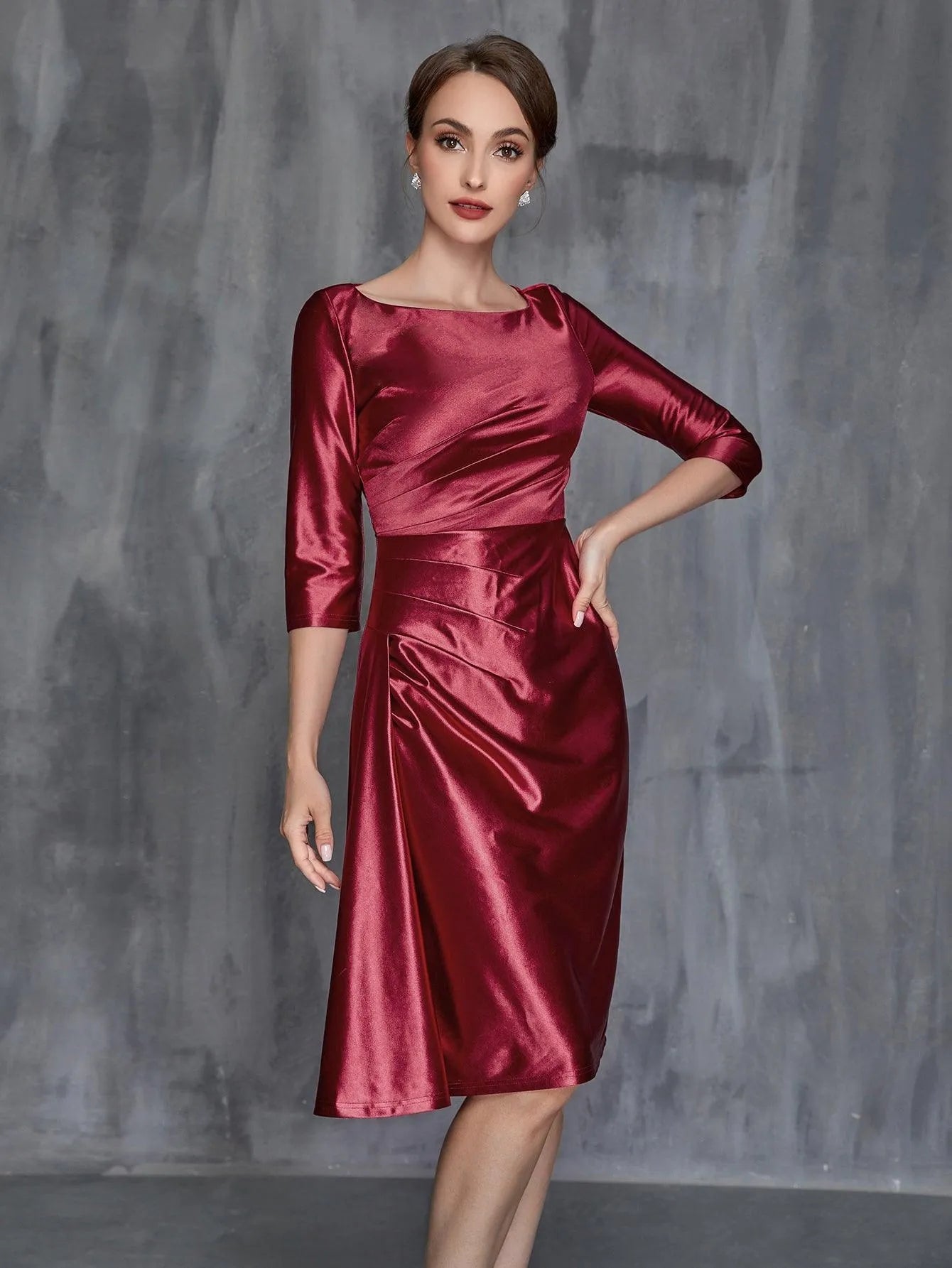 Women's Solid Ruched Wrap Front Satin Dress