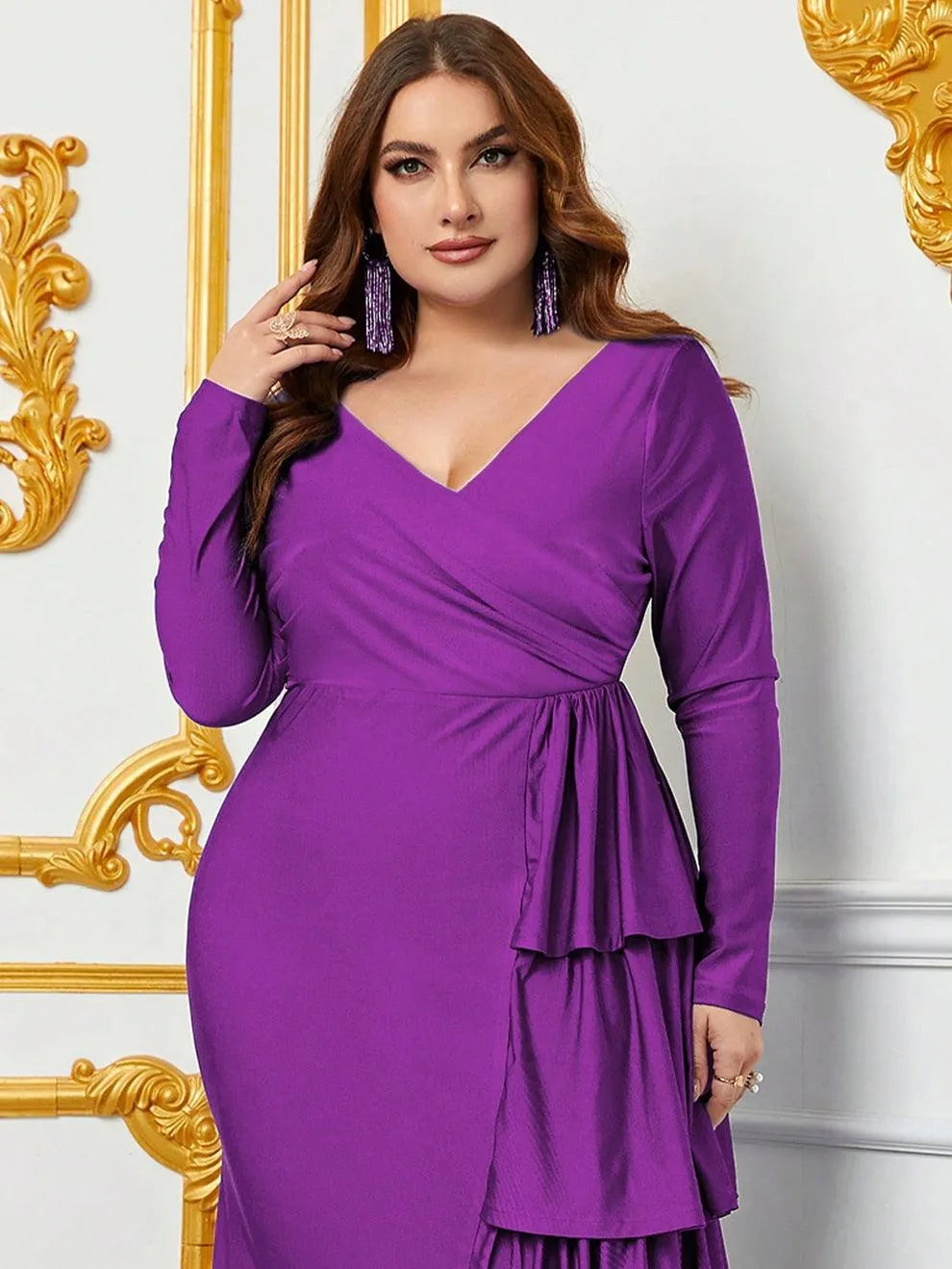 Plus V Neck Long Sleeves Draped Layered Ruffle Trim Formal Dress Evening Dress
