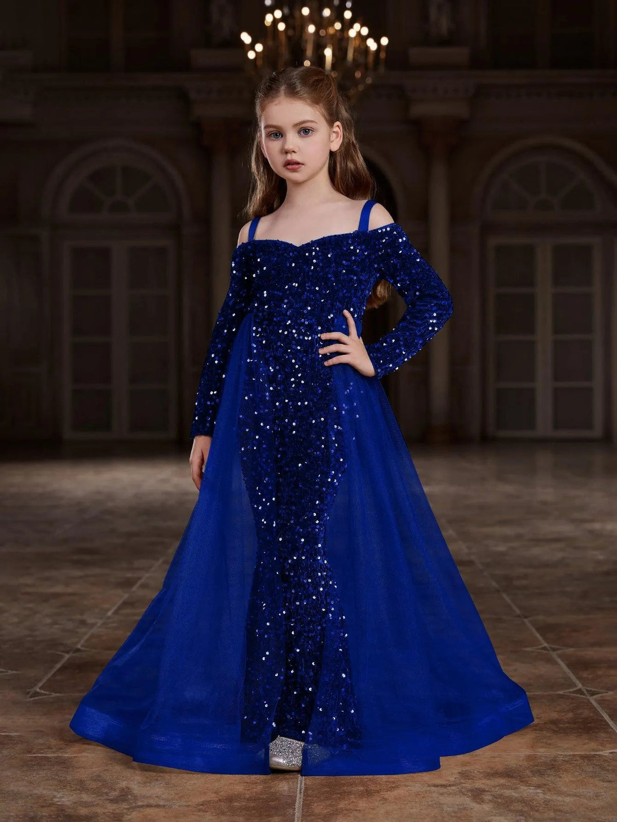 Additional product view of Mesh Overlay Off-Shoulder Sequin Mermaid Long-Sleeve Tween Girls' Party Dress