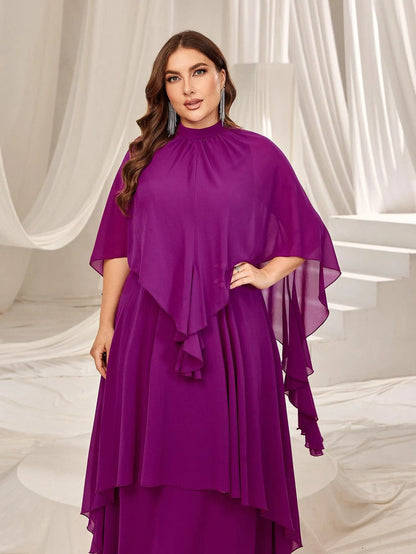 Plus Mock Neck Layered Hem Chiffon Evening Dress
