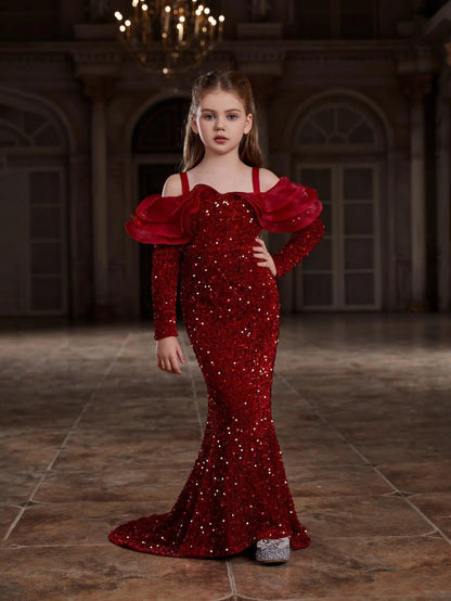 Alternate view of Ruffle Trim Off-Shoulder Sequin Mermaid Long-Sleeve Tween Girls' Party Dress in Red