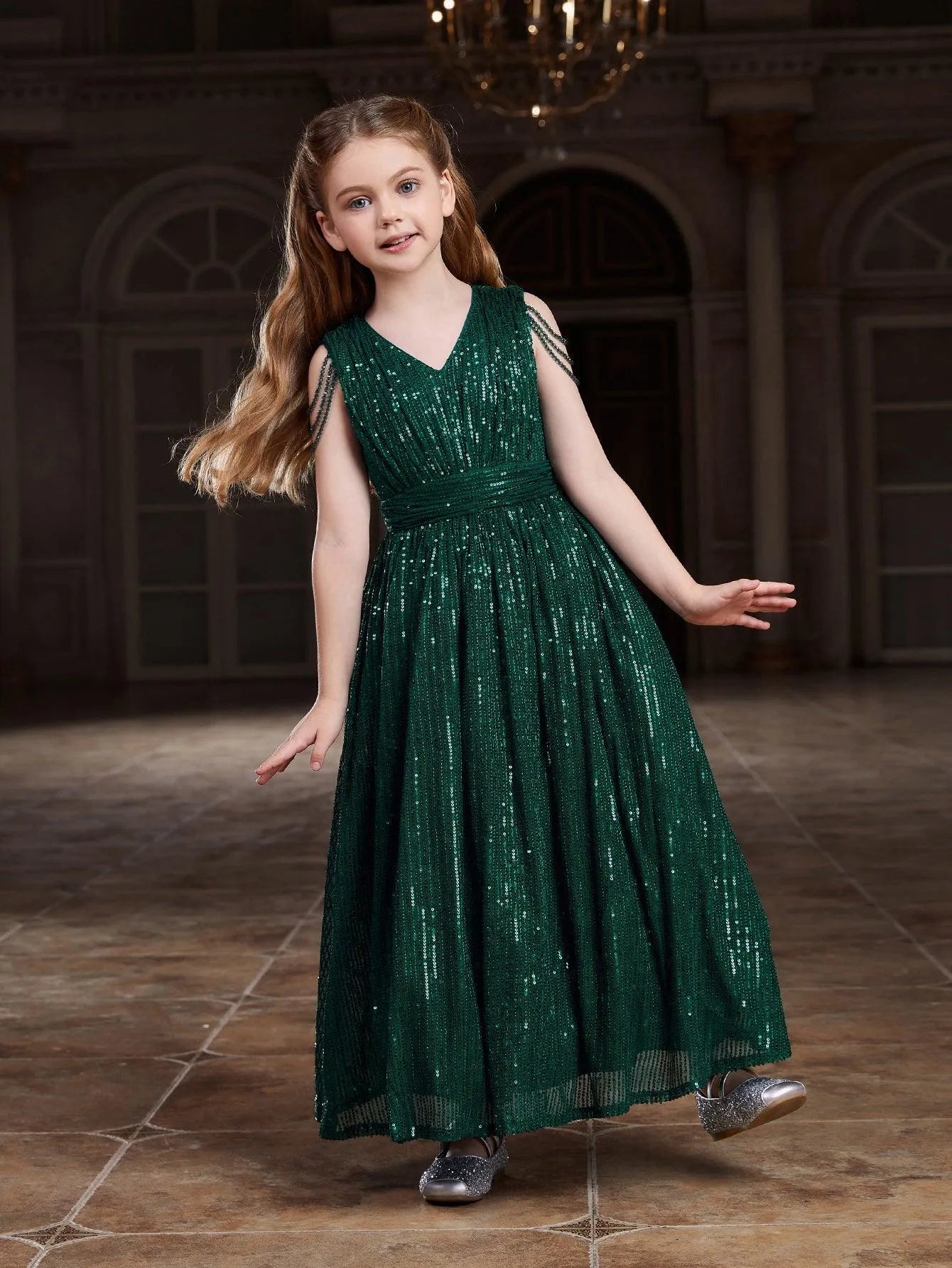 Additional product view of V-Neck Sequin A-Line Sleeveless Maxi Tween Girls' Party Dress