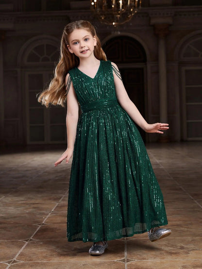 Additional product view of V-Neck Sequin A-Line Sleeveless Maxi Tween Girls' Party Dress