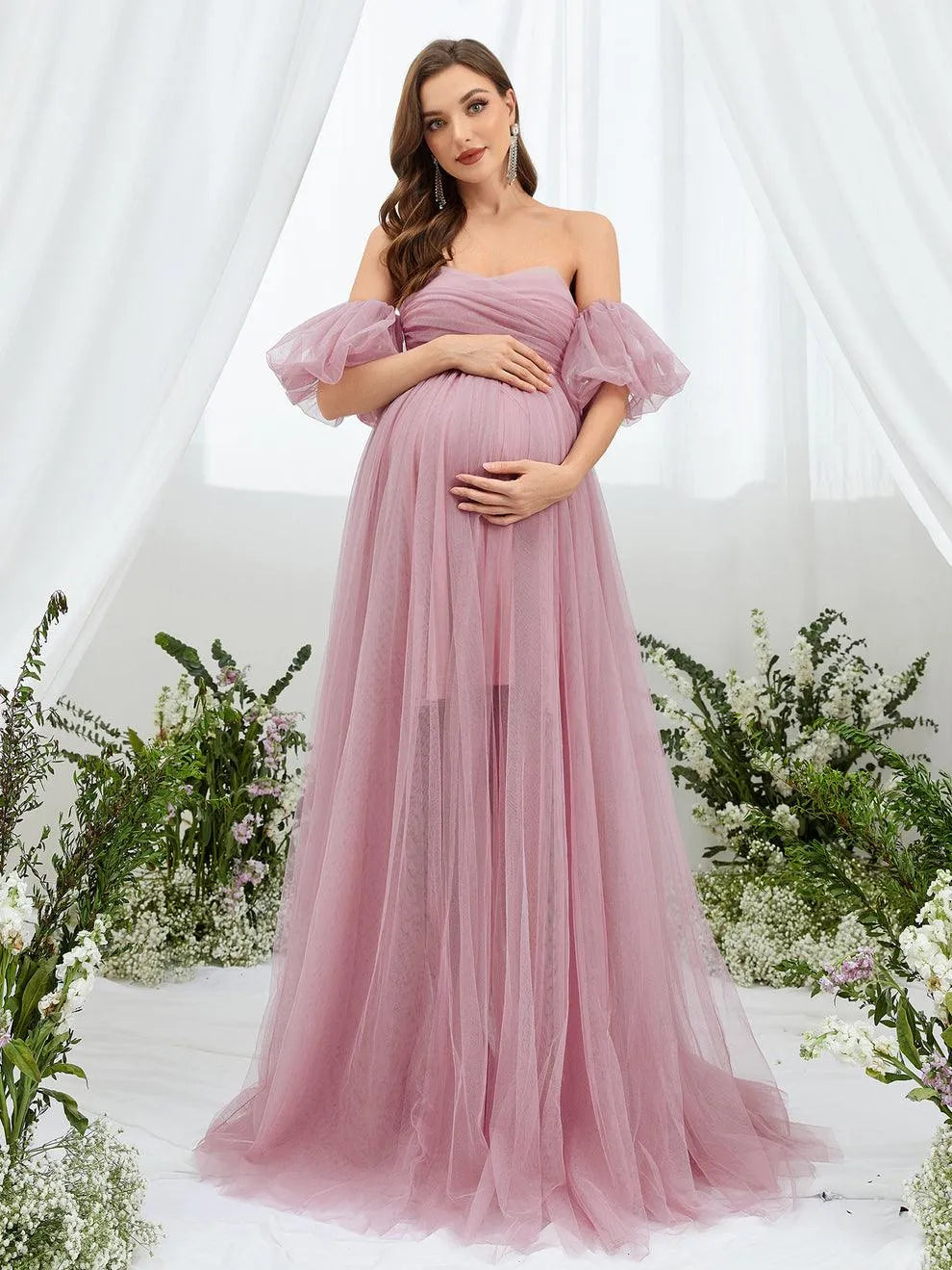 Alternate view of Mesh Overlay Puff-Sleeve Off-Shoulder A-Line Maxi Maternity Evening Dress in Mauve