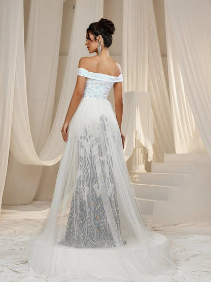 Off-Shoulder Mesh Overlay Mermaid Hem Graphic Sequin Formal Party Dress — authorized product image 2