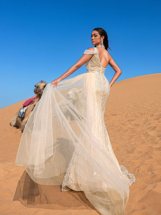 Gorgeous Asymmetrical Neck Draped Side Split Mermaid Hem Beaded Formal Dress Evening Gown – view 2