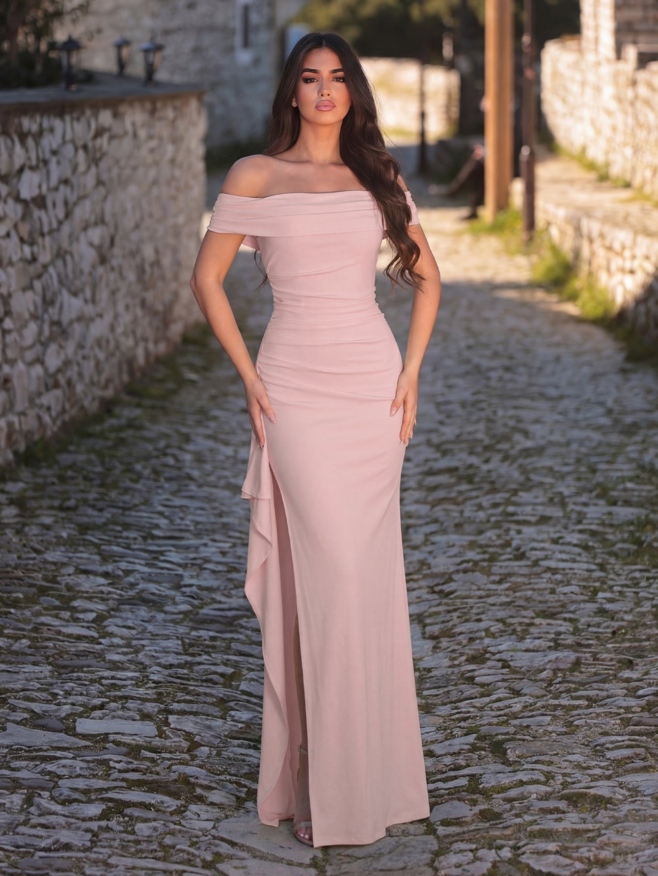 Additional product view of High-Slit Off-Shoulder Knit Bodycon Short-Sleeve Evening Gown
