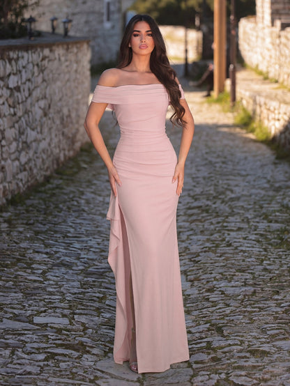 Additional product view of High-Slit Off-Shoulder Knit Bodycon Short-Sleeve Evening Gown
