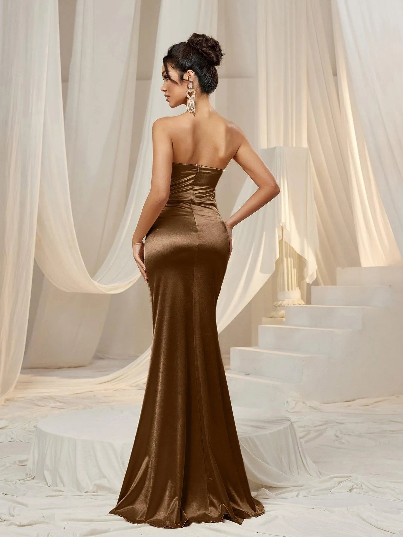 Additional product view of Ruched Wrap Mermaid Hem Strapless Satin High-Slit Evening Gown