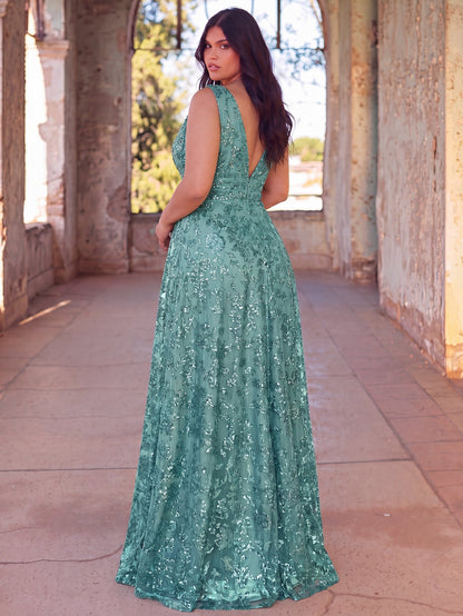 Plus Plunging Meck Backless Floral Sequin Prom Dress