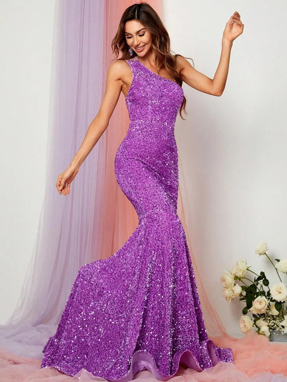 Additional product view of One-Shoulder Sequin Mermaid Sleeveless Maxi Evening Gown