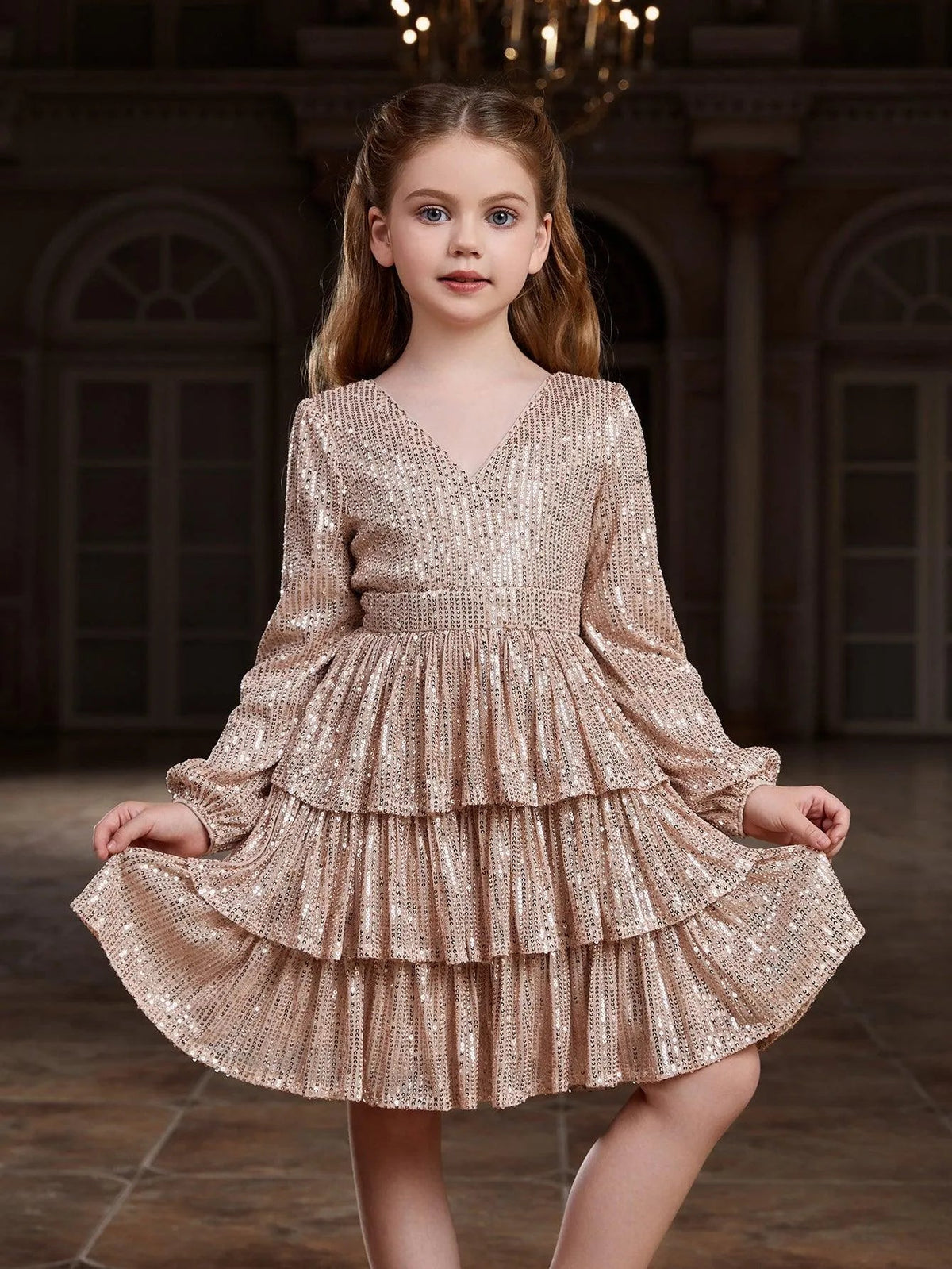 Tween Girls' V-Neck Sequin Long-Sleeve A-Line Formal Dress — authorized product image 4