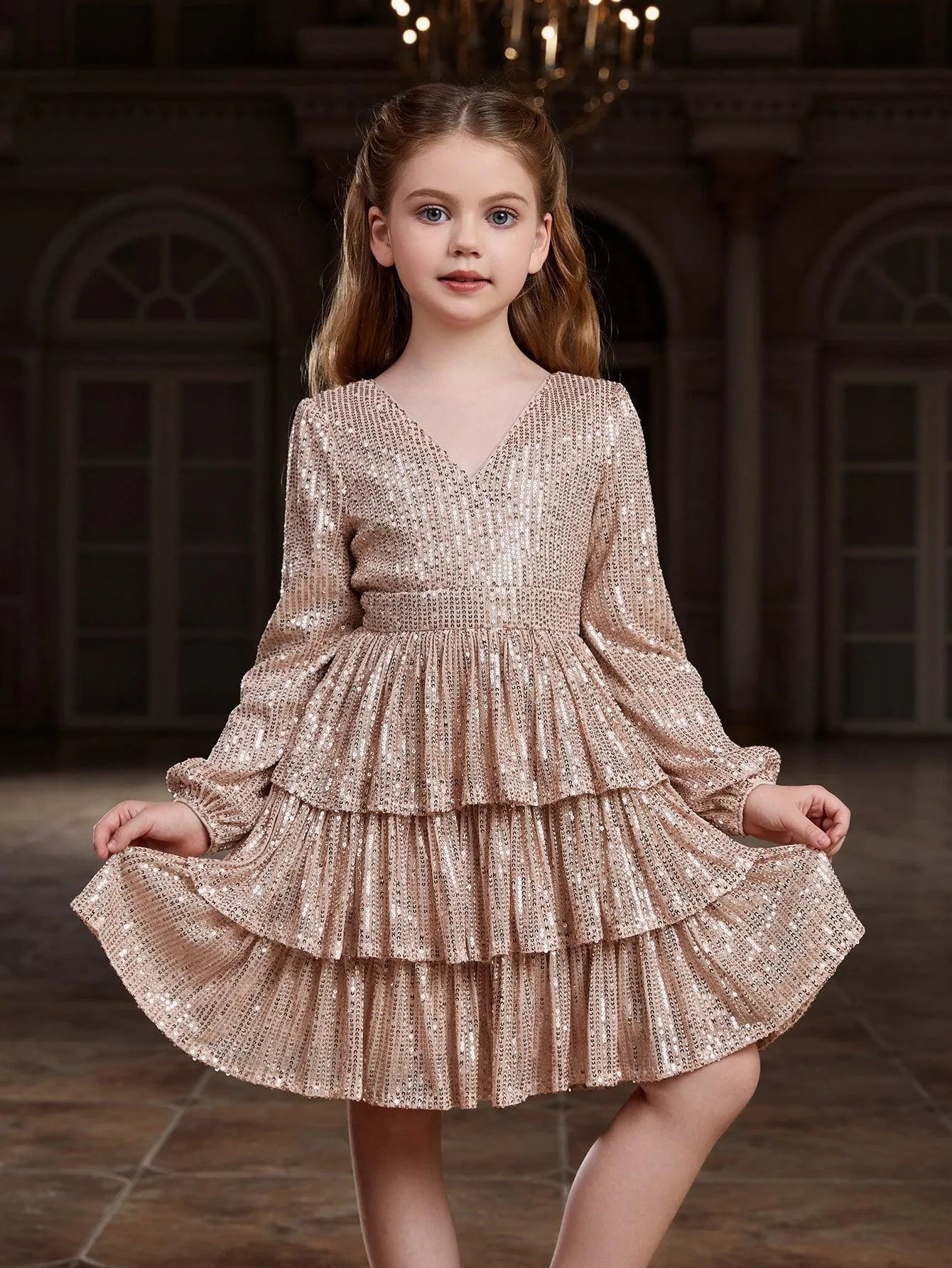 Tween Girls' V-Neck Sequin Long-Sleeve A-Line Formal Dress — authorized product image 4