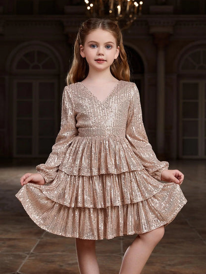 Tween Girls' V-Neck Sequin Long-Sleeve A-Line Formal Dress — authorized product image 4