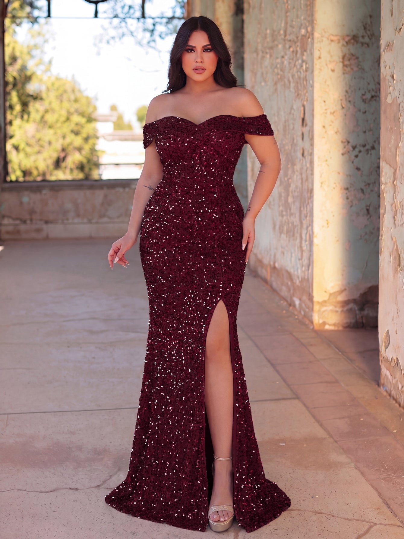 Alternate view of Plus-Size Off-Shoulder Sequin Mermaid Short-Sleeve Evening Gown in Burgundy
