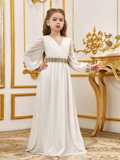 Tween Girls' Lace Trim Decoration V-neck Bishop Sleeves Chiffon Party Dress – view 3