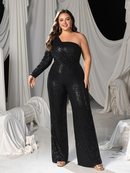 Plus-Size One-Shoulder Sequin Long-Sleeve Formal Jumpsuit in Black