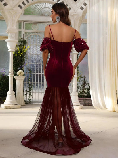 Spaghetti Strap Lantern Sleeves Velvet Mermaid Dresses