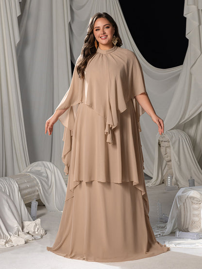 Plus Mock Neck Layered Hem Chiffon Evening Dress