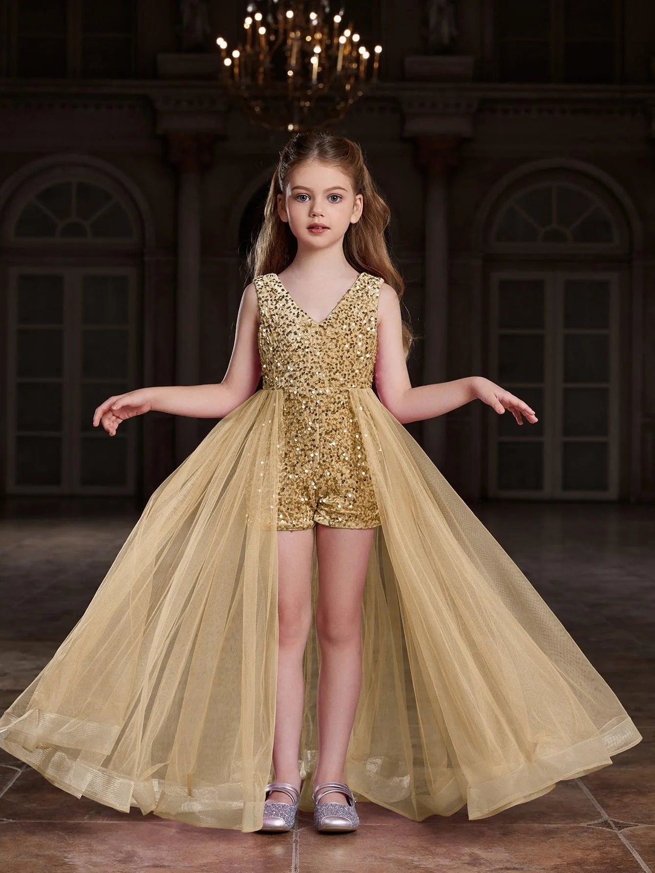 Alternate view of Mesh Overlay V-Neck Sequin Sleeveless Tween Girls' Formal Romper in Champagne