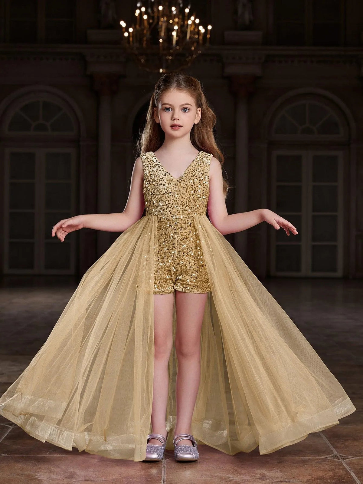 Alternate view of Mesh Overlay V-Neck Sequin Sleeveless Tween Girls' Formal Romper in Champagne
