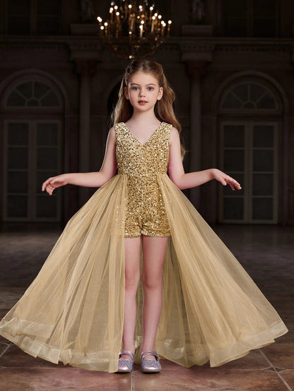 Alternate view of Mesh Overlay V-Neck Sequin Sleeveless Tween Girls' Formal Romper in Champagne