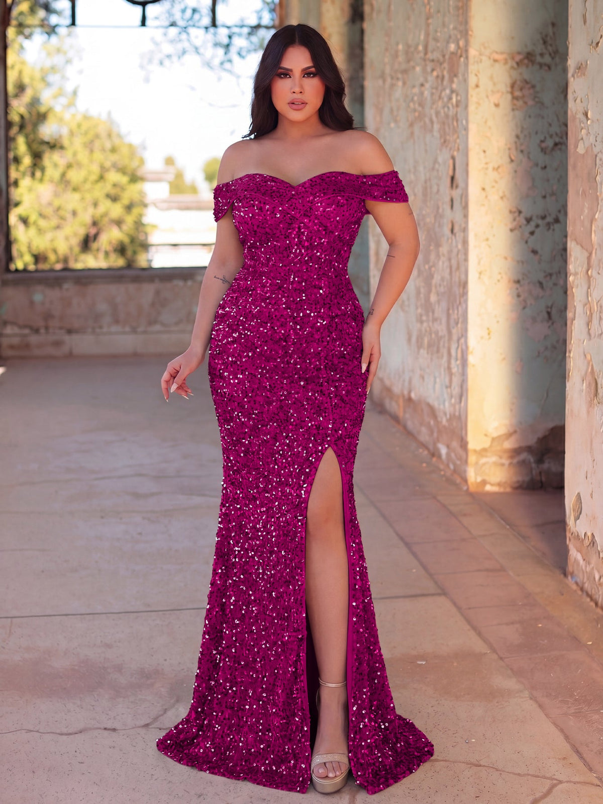 Alternate view of Plus-Size Off-Shoulder Sequin Mermaid Short-Sleeve Evening Gown in Hot Pink