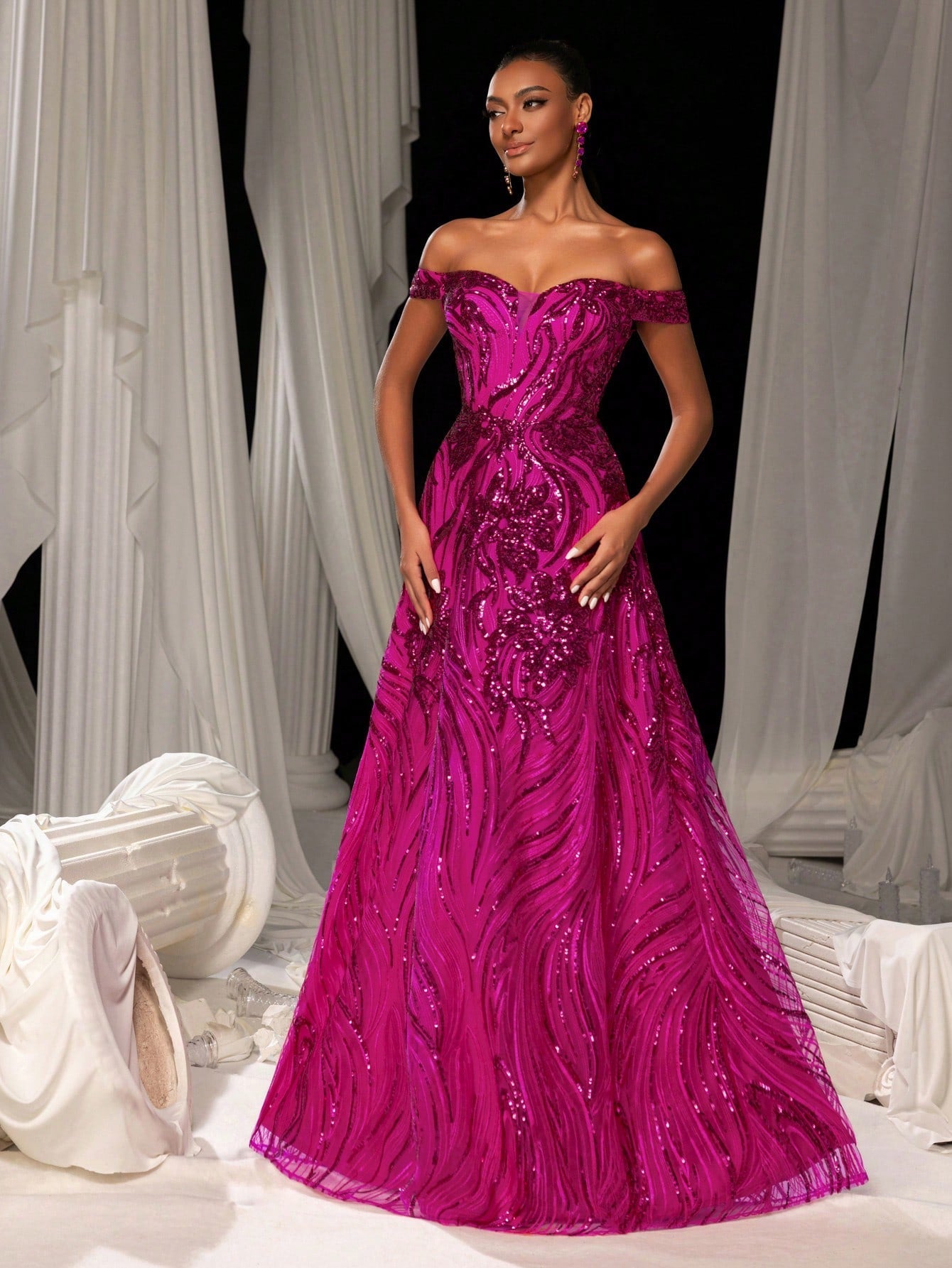 Elegant Off Shoulder Graphic Sequin Formal Prom Dress Evening Dress