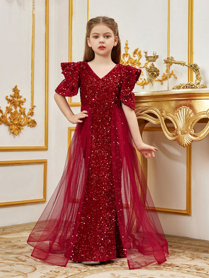 Additional product view of Mesh Overlay V-Neck Sequin Mermaid Short-Sleeve Tween Girls' Party Dress