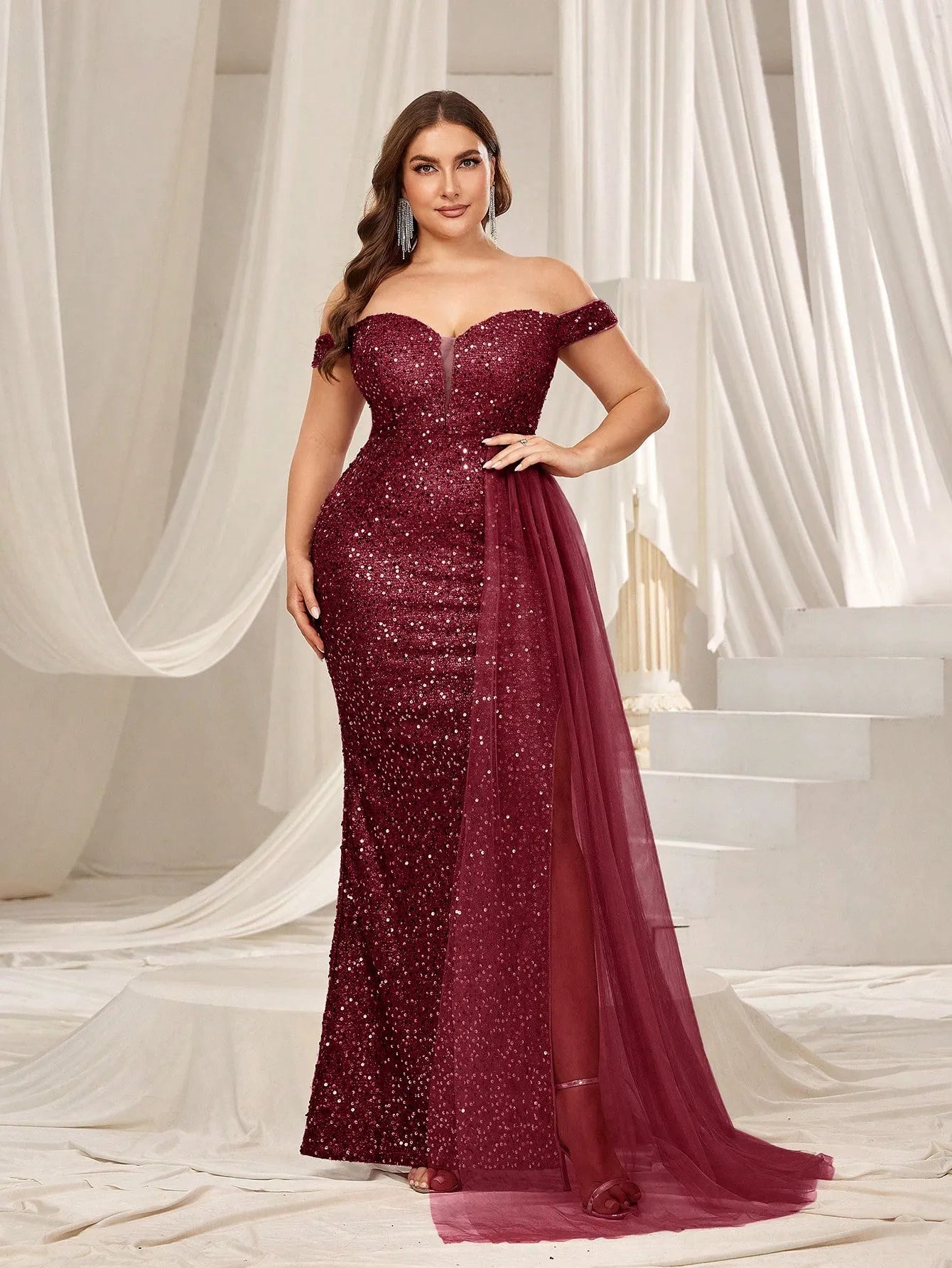 Plus-Size Off-Shoulder Split Thigh Sequin Formal Dress — authorized product image 1