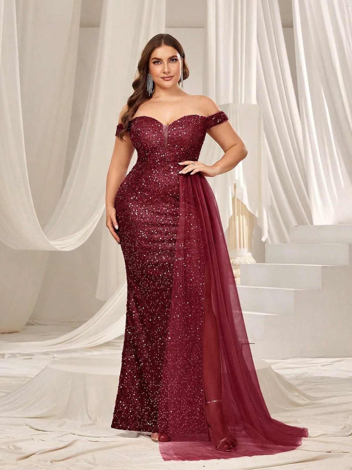 Plus-Size Off-Shoulder Split Thigh Sequin Formal Dress — authorized product image 1