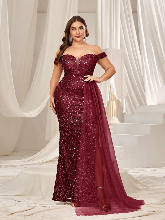 Plus-Size Off-Shoulder Split Thigh Sequin Formal Dress — authorized product image 1