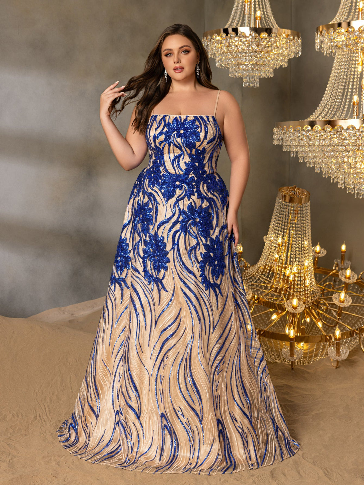 Plus-Size Spaghetti Strap Sequin Sleeveless A-Line Evening Gown — authorized product image 3