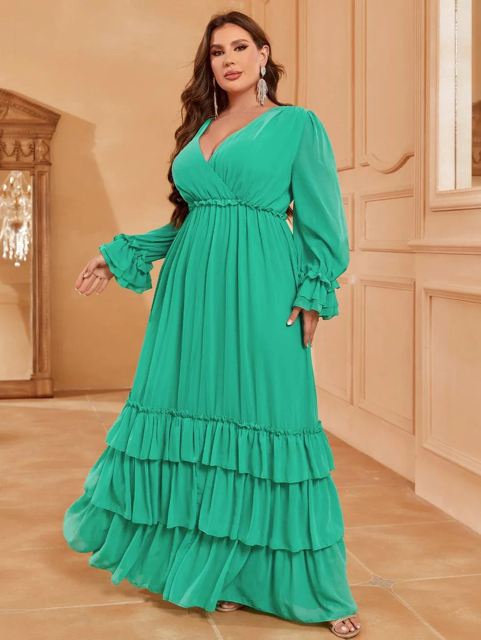 Plus-Size V-Neck Chiffon Lantern-Sleeve A-Line Evening Gown — authorized product image 4