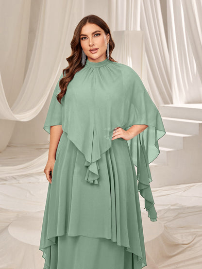 Plus Mock Neck Layered Hem Chiffon Evening Dress