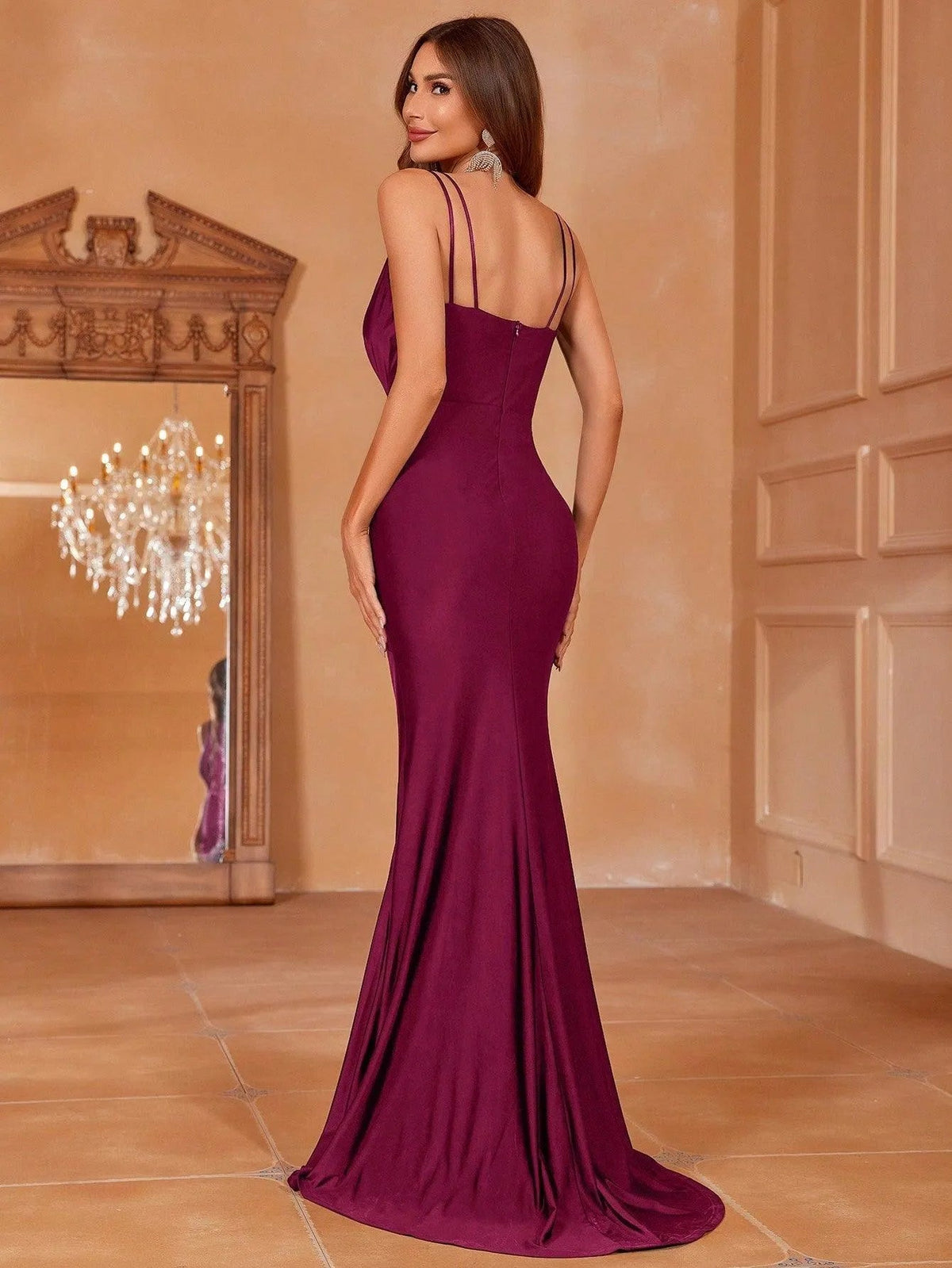 Additional product view of Ruched Wrap Plunging-Neck V-Neck Knit Backless Evening Gown