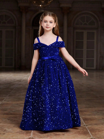 Additional product view of High-Low Hem Off-Shoulder Sequin A-Line Short-Sleeve Tween Girls' Party Dress