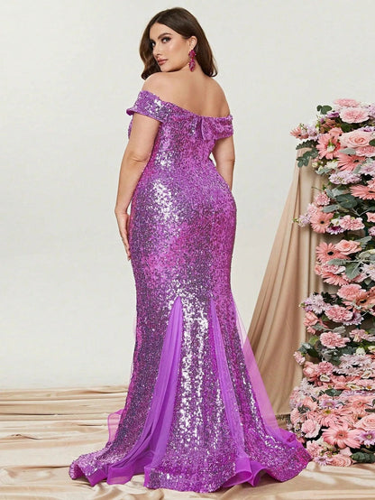 Plus-Size Off-Shoulder Sequin Tulle Sleeveless Mermaid Evening Gown — authorized product image 2