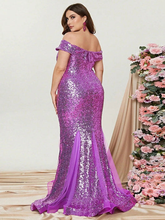 Plus-Size Off-Shoulder Sequin Tulle Sleeveless Mermaid Evening Gown — authorized product image 2