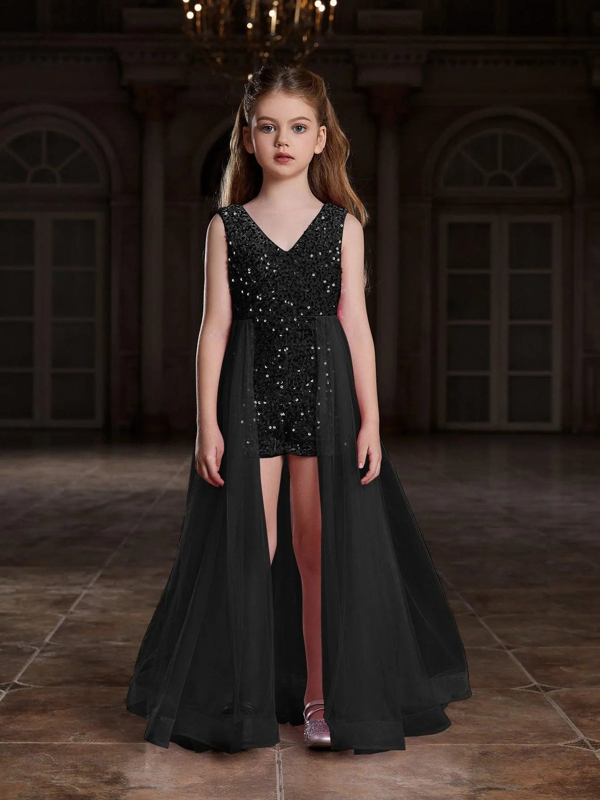 Additional product view of Mesh Overlay V-Neck Sequin Sleeveless Tween Girls' Formal Romper