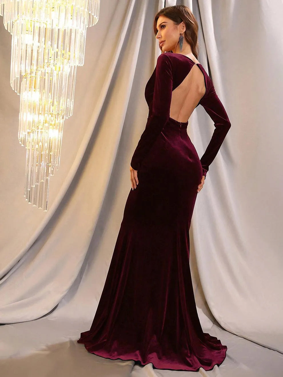 Plunging Velvet Long-Sleeve Mermaid Evening Gown — authorized product image 7