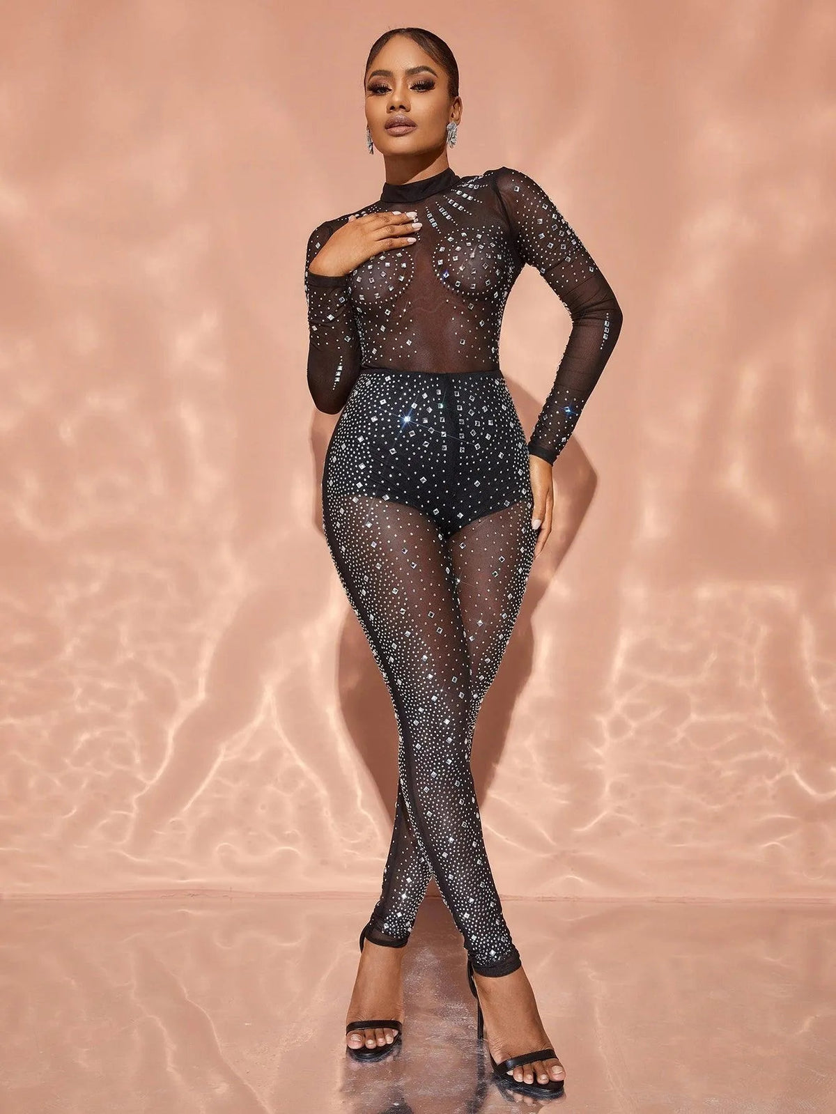 Black Rhinestone Mock-Neck Long-Sleeve Jumpsuit - product image 3