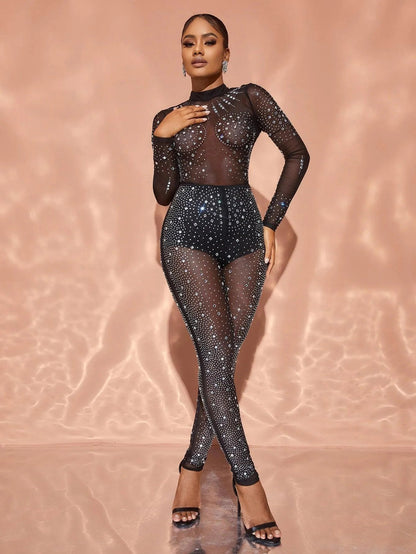 Black Rhinestone Mock-Neck Long-Sleeve Jumpsuit - product image 3