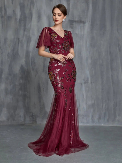 Additional product view of V-Neck Short-Sleeve Mermaid Sequin Maxi Mother-of-the-Bride Dress