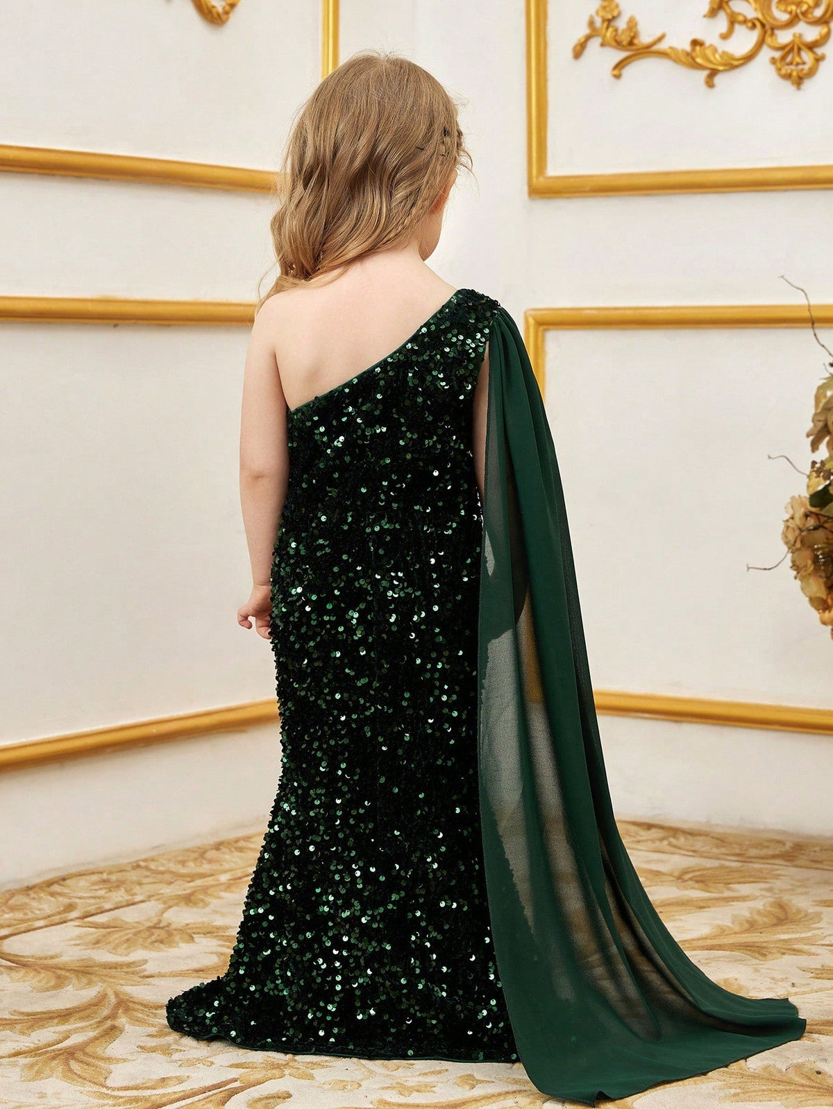 Additional product view of Draped Side One-Shoulder Sequin Mermaid Sleeveless Young Girls' Party Dress