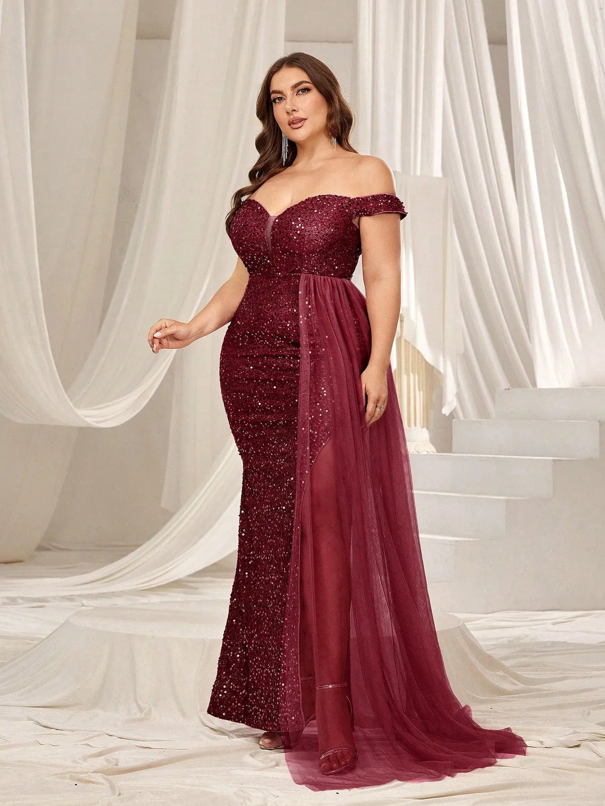 Plus-Size Off-Shoulder Split Thigh Sequin Formal Dress — authorized product image 5