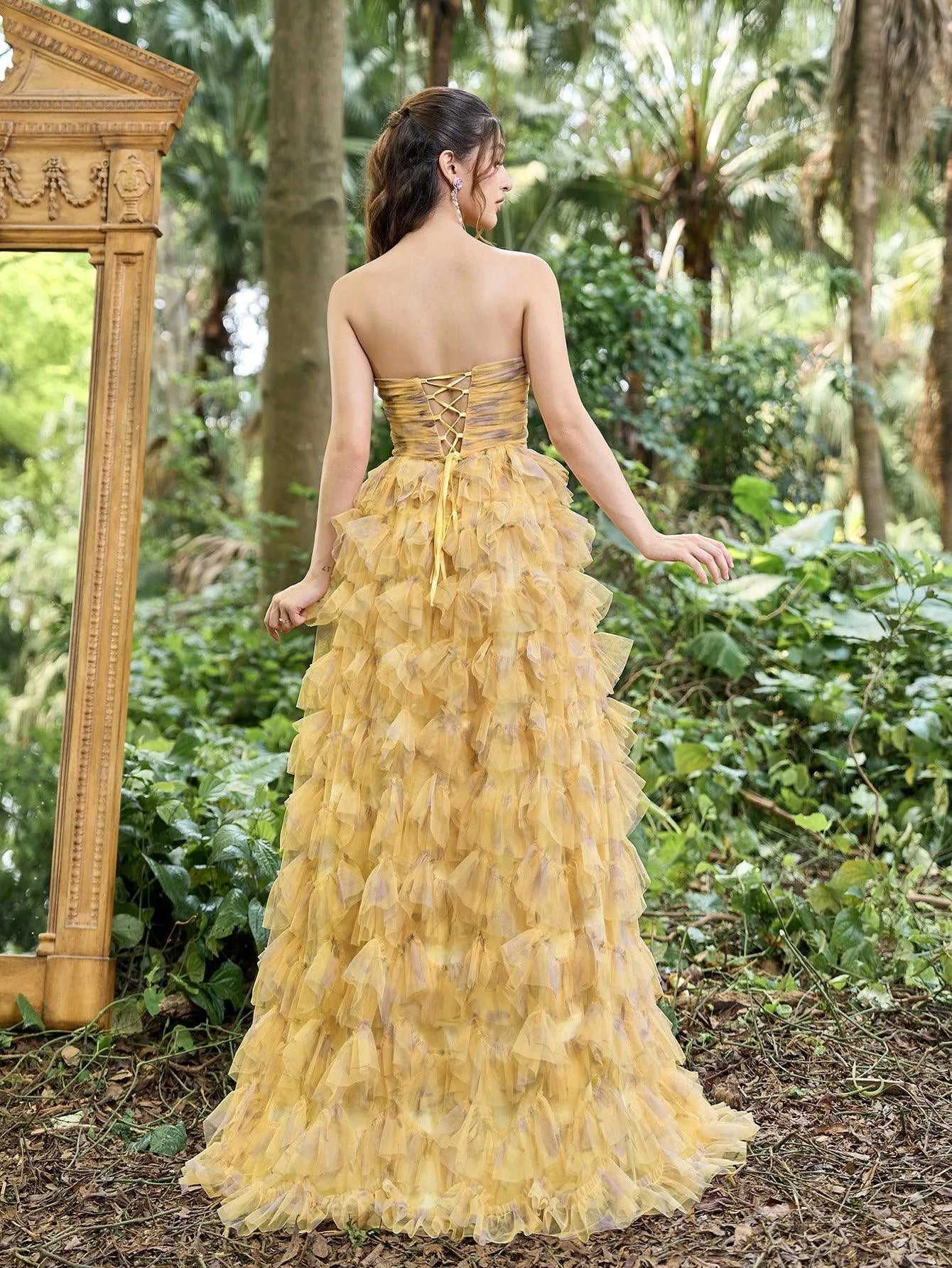 Ruffle Layered Hem Strapless Floral Tulle Prom Dress — authorized product image 2